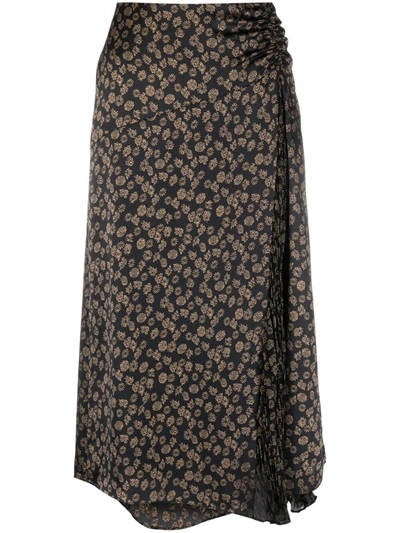Vince Zinnia Floral Ruched Midi Skirt In Black