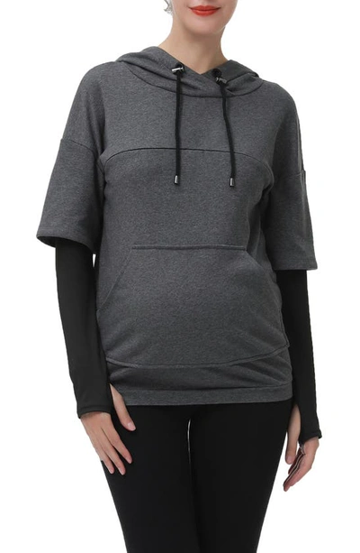 Kimi And Kai Bobo Layered Sleeve Maternity/nursing Hoodie In Dark Grey