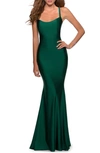 La Femme Dramatic Lace Up Back Form Fitting Dress In Green