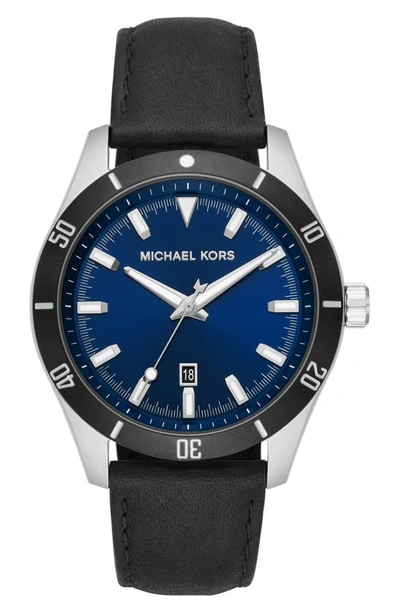 Michael Kors Layton Leather Strap Watch, 44mm In Black
