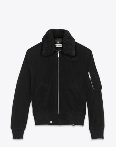 Saint Laurent Classic Bomber Jacket In Black Corduroy And Natural Shearling