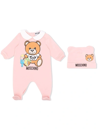 Moschino Babies' Logo Teddy Print Romper In 粉色