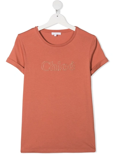 Chloé Kids' Crystal-embellished Logo T-shirt In Pink