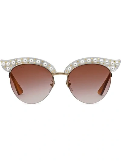Gucci Cat Eye Acetate Sunglasses With Pearls In White