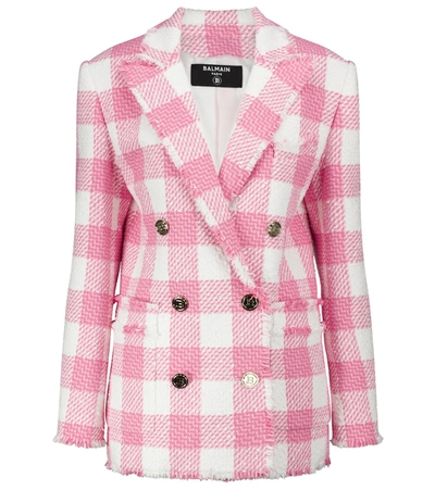 Balmain Double-breasted Fringed Gingham Cotton-blend Tweed Blazer In Pink