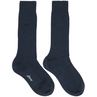 Brioni Embroidered-logo Mid-calf Socks In 4000 Blue