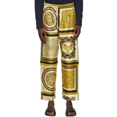 Versace Gold Barocco Mosaic Lounge Pants In 5w060 Whtgl