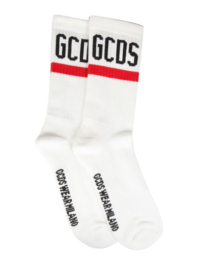 Gcds Ribbed-knit Logo Embroidered Socks In Bianco