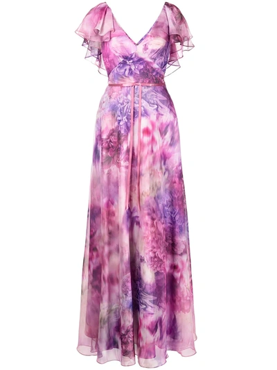Marchesa Notte Cape-effect Bow-embellished Floral-print Chiffon Gown In Multicolor