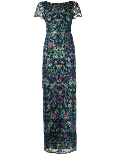 Marchesa Notte Short Sleeve Embroidered Guipure Column Gown In Purple