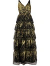 Marchesa Notte Sleeveless V-neck Glitter Tulle 5-tiered Gown In Black
