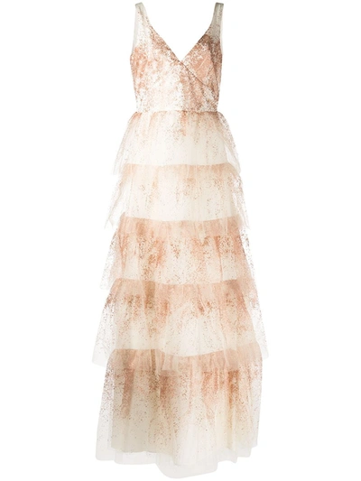 Marchesa Notte Sleeveless V-neck Glitter Tulle 5-tiered  Gown In Ivory