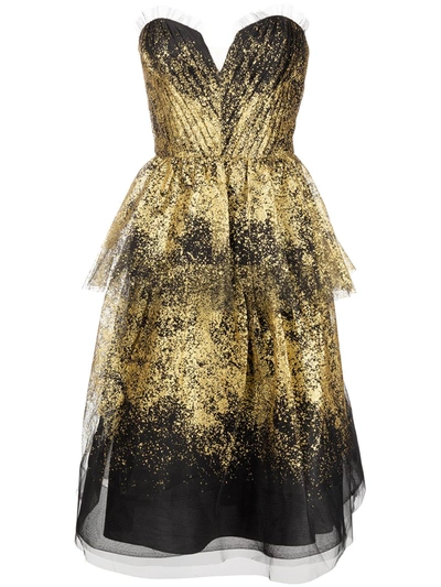 Marchesa Notte Strapless Draped Glitter Tulle Tiered Tea Dress In Black