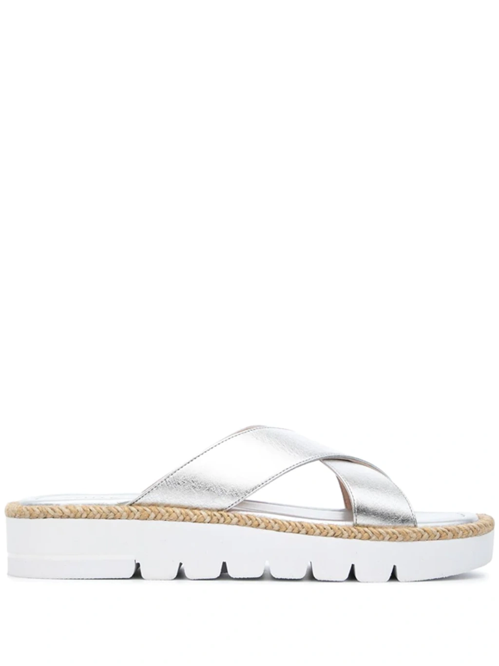 Stuart Weitzman online Roza Raffia-Trimmed White Leather Platform Slides Retail $250