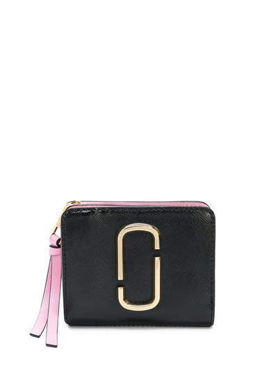 Marc Jacobs Compact Wallet In Bicolor Leather With Logo In Black