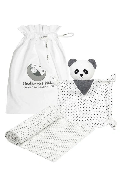 Under The Nile Babies' Polka Dot Panda Lovie & Swaddle Organic Cotton Gift Set In Black And White