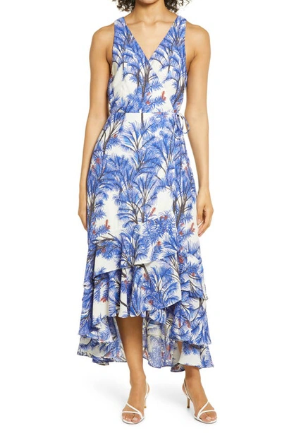 Adelyn Rae Nevina Tropical Print Sleeveless Wrap Dress In Blue Iris