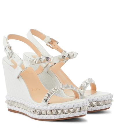 Christian Louboutin Women's Pyraclou Metallic Croc-embossed Leather Wedge Platform Sandals In W222 Bianco