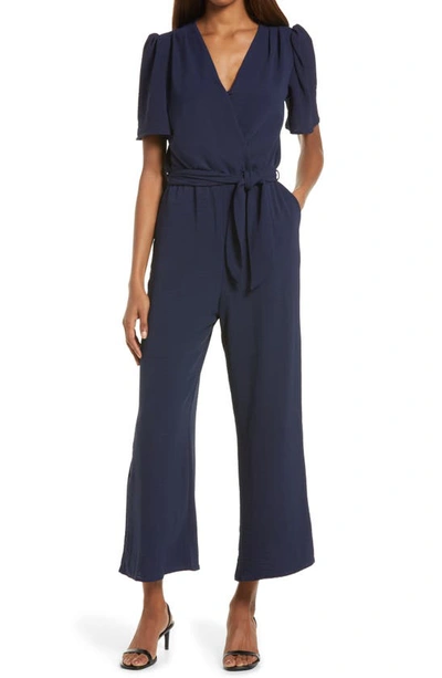 Fraiche By J Tie Front Wide Leg Jumpsuit In Navy