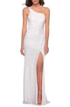 La Femme One-shoulder Sequined Ruched Gown With Open Back In White