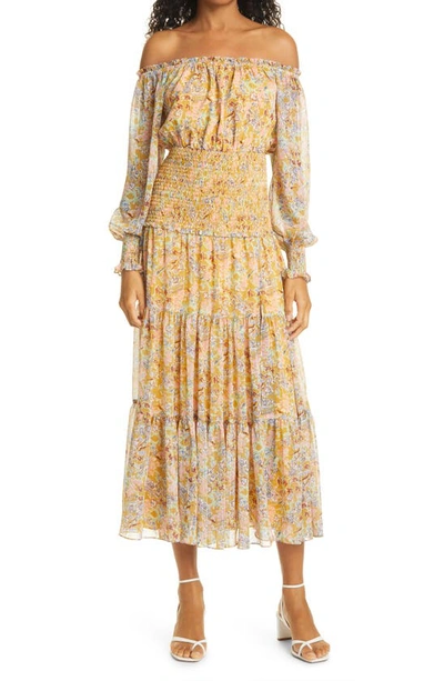 Likely Indica Metallic Thread Floral Off The Shoulder Long Sleeve Dress In Mustard Gold Multi