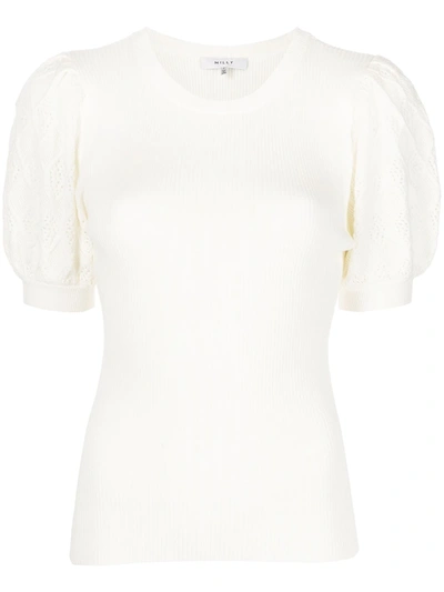 Milly Rib Pointelle Short Sleeve Sweater In White