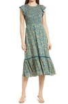 Lost + Wander Blossom & Bloom Floral Smocked Dress In Teal Gold Floral