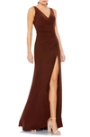 Mac Duggal Ruched Jersey Gown In Chocolate
