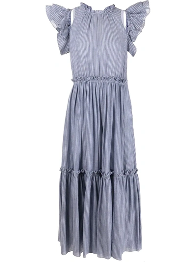 Cinq À Sept Yanin Pinstriped Chambray Flutter-sleeve Tiered Dress In Chambray Bl/ivo