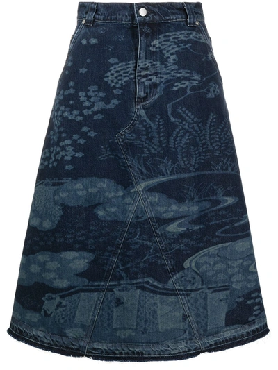 Red Valentino Redvalentino Asian Toile De Jouy Laser Print Denim Skirt In Blue