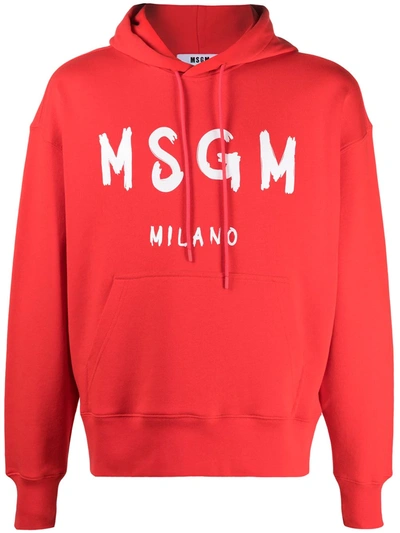 Msgm Logo Print Cotton Jersey Hoodie In Red