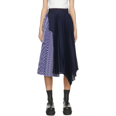 Sacai Navy & Blue Pleated Side Closure Skirt In 905 Stripe/navy