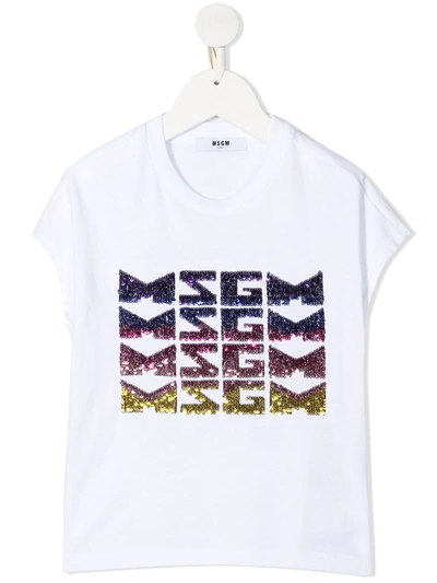 Msgm Teen Sequinned Logo Cotton T-shirt In White