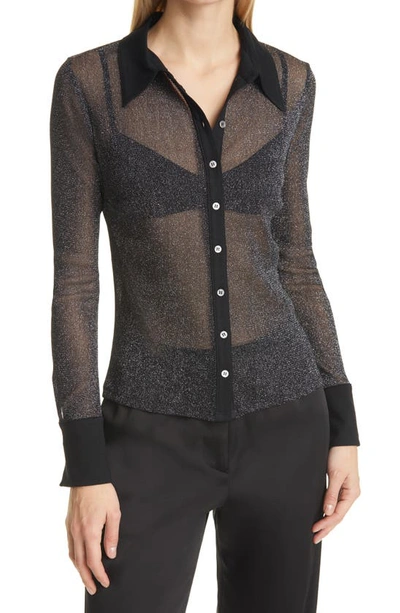 Jonathan Simkhai Standard Tia Shimmer Tulle Button-down Top With Cami In Black