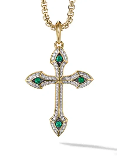 David Yurman 18kt Yellow Gold Gothic Diamond And Emerald Cross Pendant Necklace