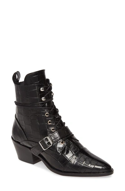 Allsaints Katy Croc Embossed Leather Boot In Black Croc Leather