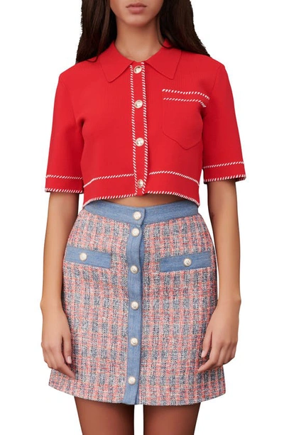 Maje Moss Cropped Short Sleeve Cardigan In Red