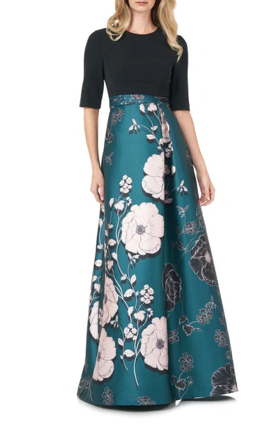 Kay Unger Floral Print Mikado A-line Gown In Teal Poppy Floral