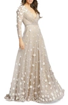 Mac Duggal Floral Appliqué Long Sleeve Lace Gown In Ivory Nude