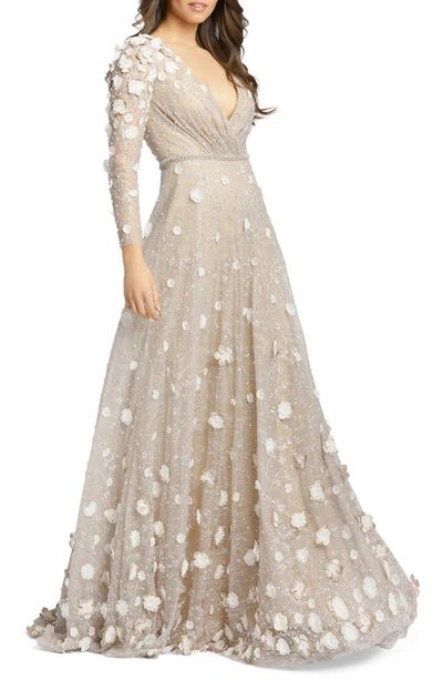 Mac Duggal Floral Appliqué Long Sleeve Lace Gown In Ivory Nude