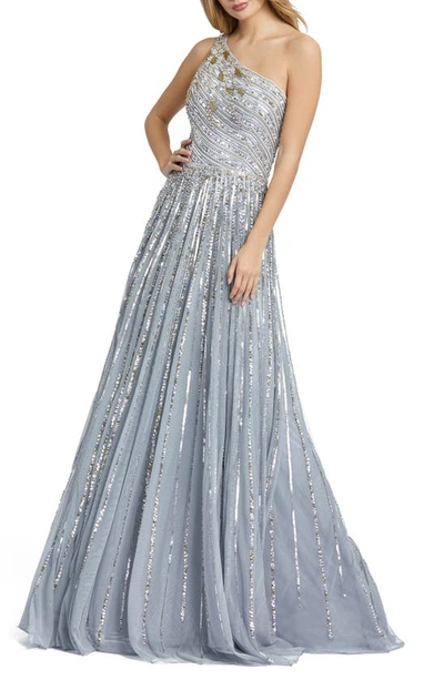 Mac Duggal Embellished One Shoulder A-line Gown In Platinum