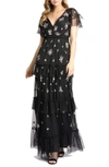 Mac Duggal Sequin-embellished V-neck Ruffle-tiered Gown In Black