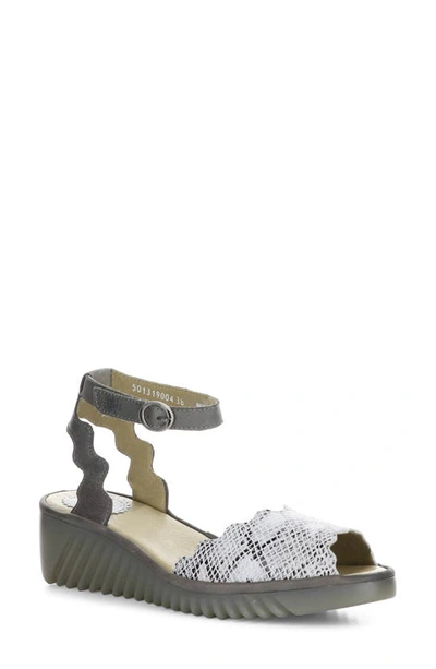 Fly London Lume Ankle Strap Sandal In Off White/ Piombo Snake