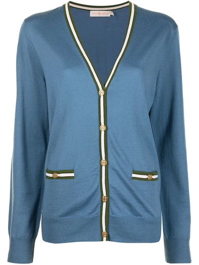 Tory Burch Women's Madeline Striped Trim Cardigan In Shadow Blue/bristol Green