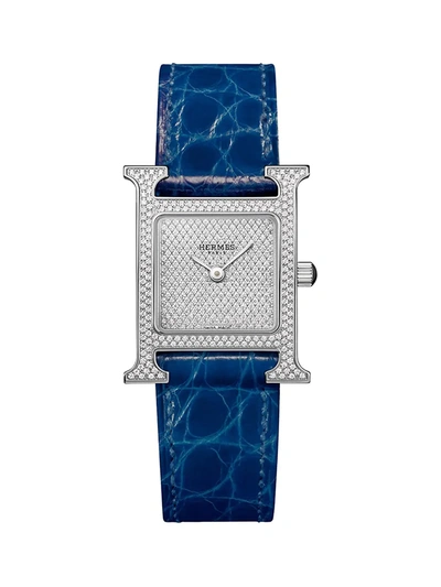 Hermes Heure H 25mm Stainless Steel, Full Diamond Pavé & Alligator Strap Watch