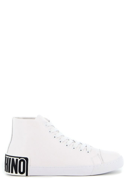 Moschino White Logo Heel High Sneakers In Bianco