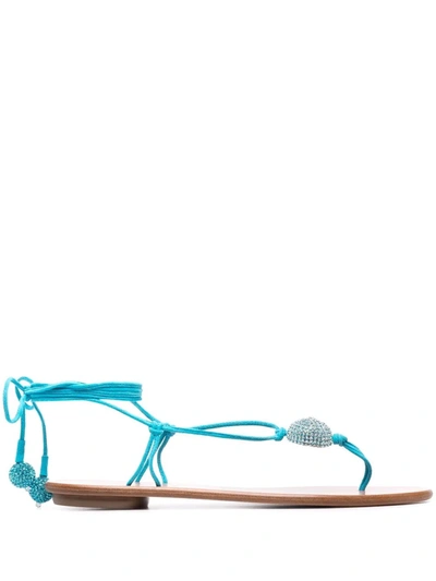 Aquazzura Jackie Ankle-wrap Embellished Leather Thong Sandals In Blue