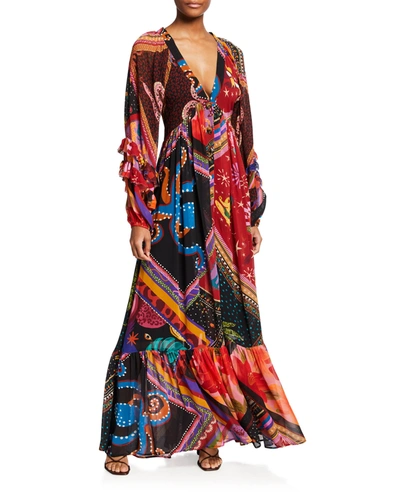 Farm Rio Diagonal Scarves Multicolor Tiered-sleeve Maxi Dress | ModeSens