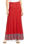Loveappella Border Print Roll Top Maxi Skirt In Red