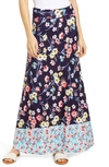 Loveappella Border Print Roll Top Maxi Skirt In Navy Aqua